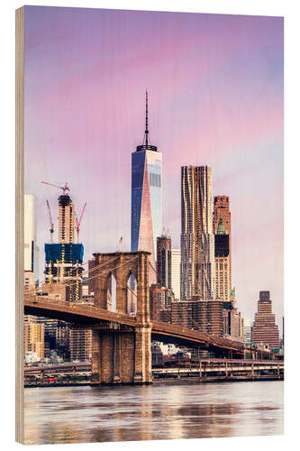 Holzbild Brooklyn-Brücke und die Skyline von Manhattan bei Sonnenuntergang, New York City, USA