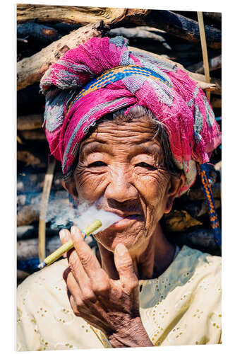 PVC-tavla Portrait of old woman smoking cigar, Myanmar, Asia