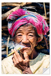 Selvklebende plakat Portrait of old woman smoking cigar, Myanmar, Asia