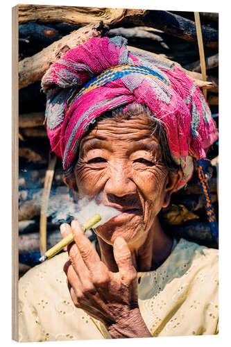 Hout print Portrait of old woman smoking cigar, Myanmar, Asia