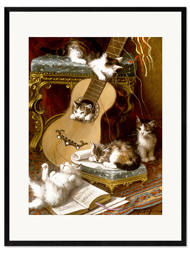 Framed art print Kittens at play with a guitar