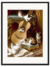 Framed art print Kittens at play with a guitar