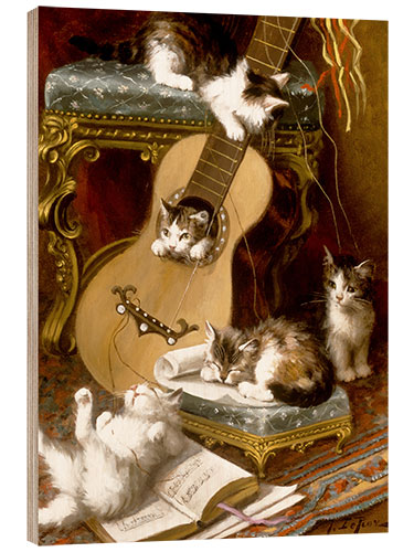 Cuadro de madera Kittens at play with a guitar