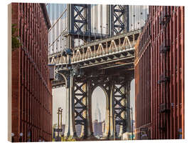 Wood print Empire State building seen through Manhattan bridge, New York city, USA