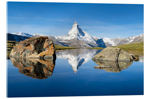 Acrylglasbild Stellisee und Matterhorn in den Schweizer Alpen im Sommer