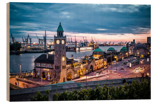 Holzbild Hafen Hamburg am Abend