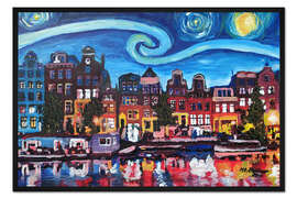 Gerahmter Kunstdruck Sternennacht über Amsterdam-Kanal mit Van Gogh Inspirationen