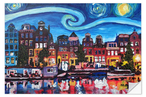 Naklejka na ścianę Starry Night over Amsterdam Canal, Van Gogh Inspiration