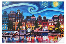 Selvklebende plakat Starry Night over Amsterdam Canal, Van Gogh Inspiration