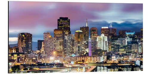 Print på aluminium Panoramic of San Francisco downtown district skyline at night, California, USA