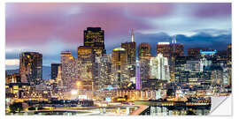 Selvklebende plakat Panoramic of San Francisco downtown district skyline at night, California, USA