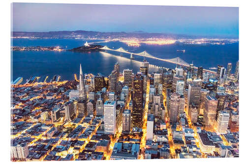 Acrylglas print Aerial view of San Francisco downtown with Bay bridge at night, California, USA