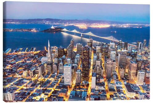 Quadro em tela Aerial view of San Francisco downtown with Bay bridge at night, California, USA