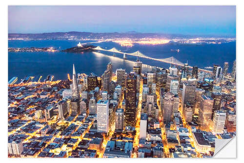 Naklejka na ścianę Aerial view of San Francisco downtown with Bay bridge at night, California, USA