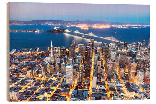 Wood print Aerial view of San Francisco downtown with Bay bridge at night, California, USA