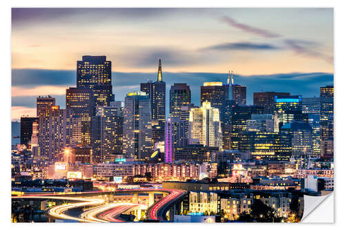 Selvklæbende plakat San Francisco downtown district skyline at night, California, USA