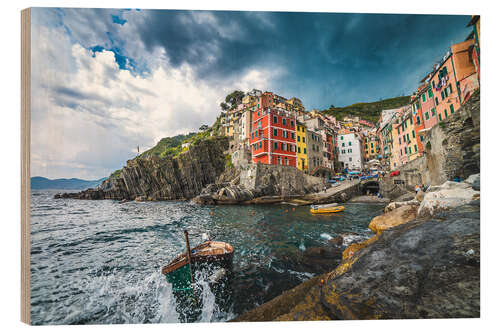 Wood print Riomaggiore during a storm
