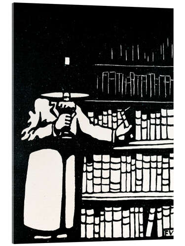 Quadro em acrílico A booklover holding a lamp as he takes a book from his library