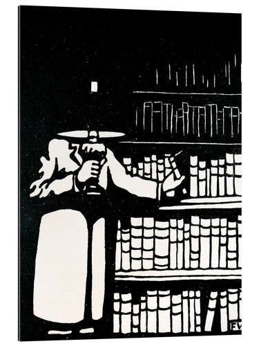 Galleritryck A booklover holding a lamp as he takes a book from his library