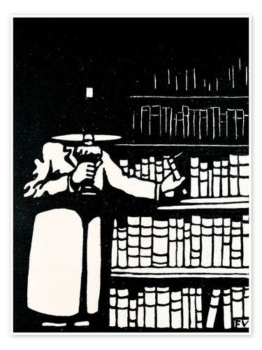 Poster Amateur de livres tenant une lampe alors qu'il prend un livre dans sa bibliothèque