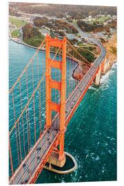 PVC-tavla Flying over Golden gate bridge, San Francisco, California, USA