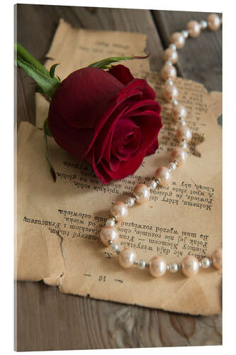 Quadro em acrílico Red rose, pearls and letter