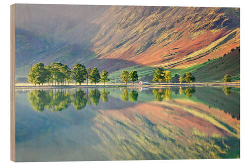 Tableau en bois Landscape reflecting in a lake