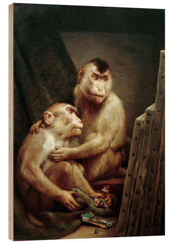 Wood print The art critic - two monkeys look at a painting