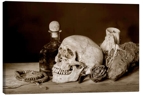 Quadro em tela Still Life - skull, ancient book, dry rose and candle