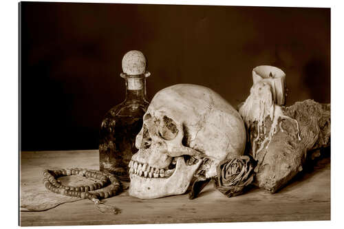 Galleritryk Still Life - skull, ancient book, dry rose and candle