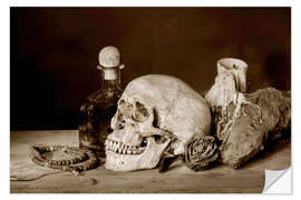 Naklejka na ścianę Still Life - skull, ancient book, dry rose and candle