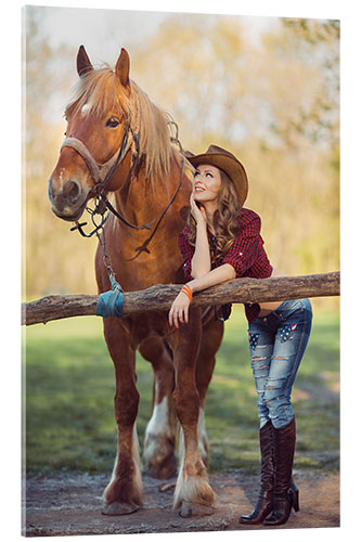 Acrylic print young cowgirl and horse