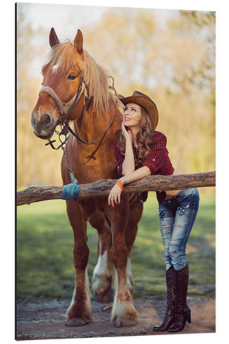 Aluminium print young cowgirl and horse