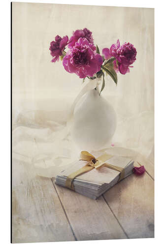 Aluminium print Still life with pink peonies and love letters