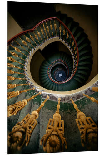 Aluminium print Ornamented spiral staircase in green and yellow