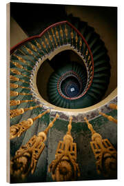 Wood print Ornamented spiral staircase in green and yellow