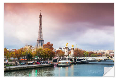 Självhäftande poster Eiffel Tower and River Seine at sunset in autumn, Paris