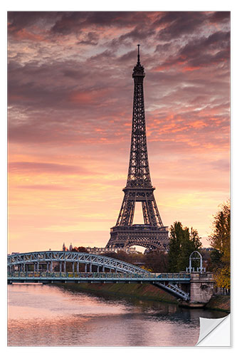 Selvklæbende plakat River Seine and Eiffel tower at sunrise, Paris, France