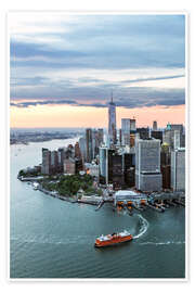 Poster Lower Manhattan at sunset with Staten Island Ferry boat, New York