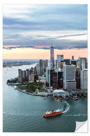 Naklejka na ścianę Lower Manhattan at sunset with Staten Island Ferry boat, New York