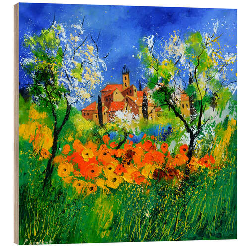Wood print Landscape with village