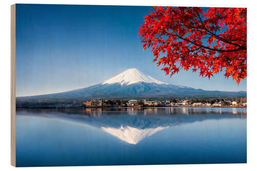 Wood print Mount Fuji and Lake Kawaguchiko in autumn