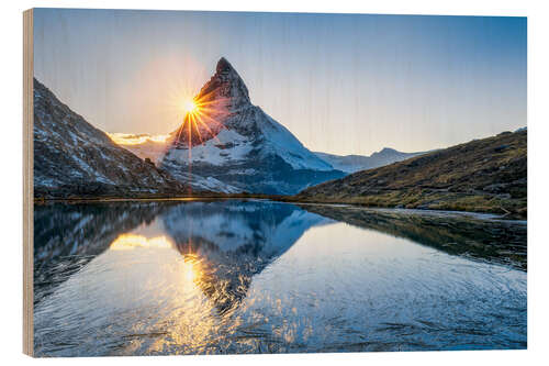 Wood print Riffelsee and Matterhorn in the Swiss Alps