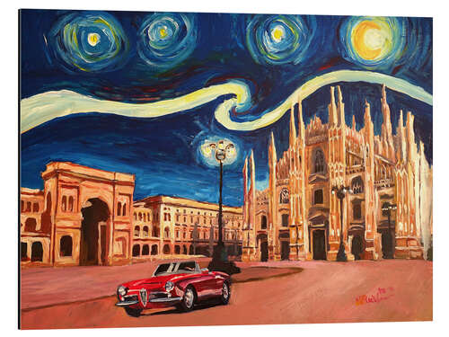 Cuadro de aluminio Starry Night in Milan Italy Oldtimer and Cathedral