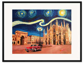 Gerahmter Kunstdruck Sternennacht in Mailand Italien mit Oldtimer und Dom