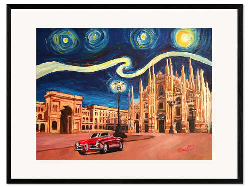 Inramat konsttryck Starry Night in Milan Italy Oldtimer and Cathedral