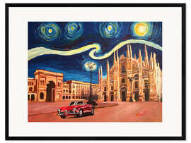 Framed art print Starry Night in Milan Italy Oldtimer and Cathedral