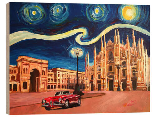 Wood print Starry Night in Milan Italy Oldtimer and Cathedral