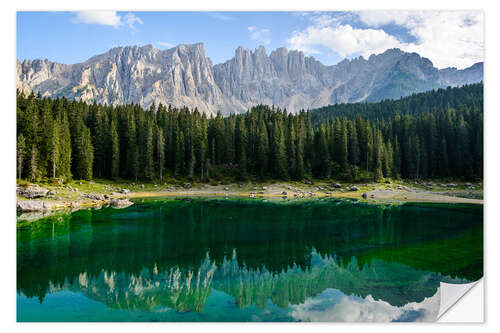 Selvklebende plakat Panoramic view of karersee with Latemar mountain range, Dolomites, Italy