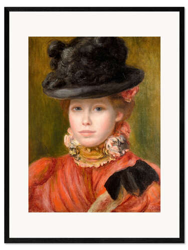 Framed art print Jeune fille au chapeau noir a fleurs rouges vers